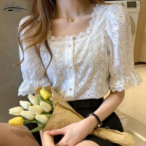 Summer 2021 Shirt Korean Style Wild Lace Shirt Women Square Collar Short Sleeve Hollow Out Vintage Elegant Blouse Blusas 13934