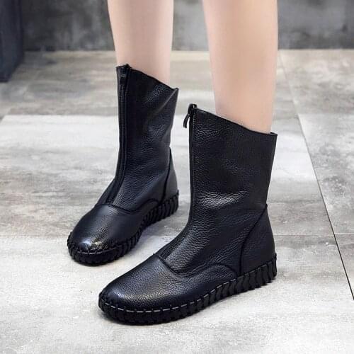 AARDIMI Autumn Women High Boots Genuine Leather Waterproof Boots Woman Mid-Calf Flat Boot Women Solid Zip Retro Motorcycle Shoes