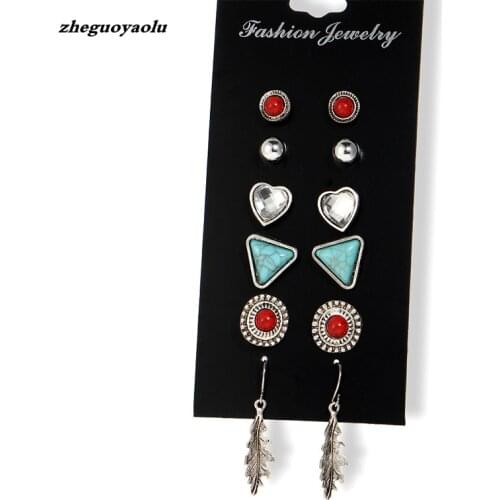 6 Pairs/set Retro Green Stone Stud Earring Sets Mixed Leaf Square Triangle Round Heart Party Earring Studs Set For Women