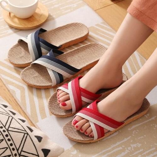 Female/Male Summer Couple Home Shoes Indoor Bathroom Flax Slides Womens/Men Cross Stripes Linen Slippers Man Beach Flip Flops