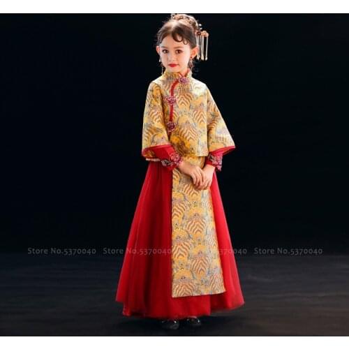 Girls Traditional Chinese Cheongsam Hanfu Wedding Princess Dress Children Qipao Tops Skirt Kids Tang Suit Party Cosplay Costumes