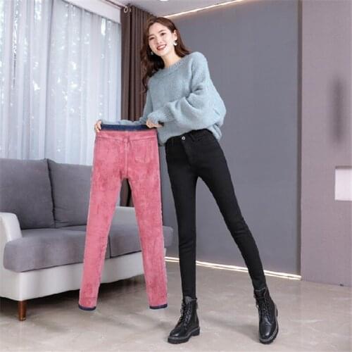 High Waist Plus Velvet Jeans Black / Blue Pants Plus Size 26-40 Fashionable Casual Mom Pants Womens Winter Plush Warm Skinny