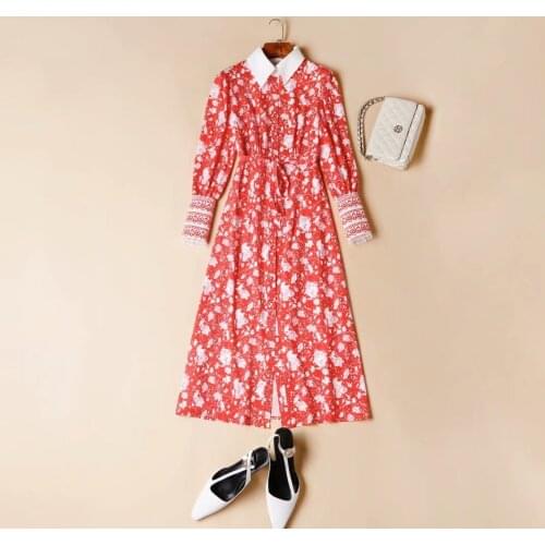 American European womens and clothing new 2021 spring Long sleeve lantern sleeve Fashionable red print dress