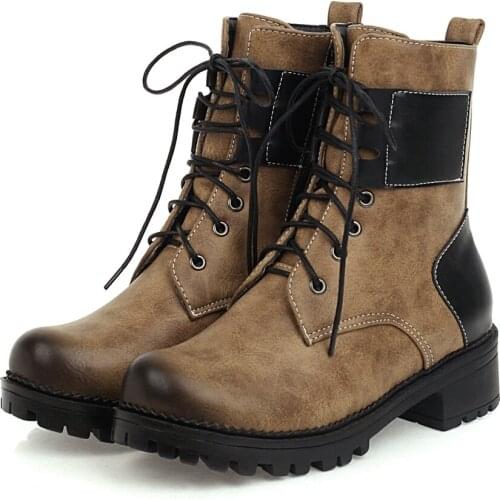 Patchwork Mixed Colors Autumn Winter Women Fashion Ankle Work Boots Med Heels Round Toe Ladies Shoes Lace Up Retro British Style