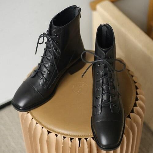 Falajoy Combat Boots for Women Heeled Black Genuine Leather Lace up fall Winter Ankle Boots Winter Shoes 2021 Plus Size 42