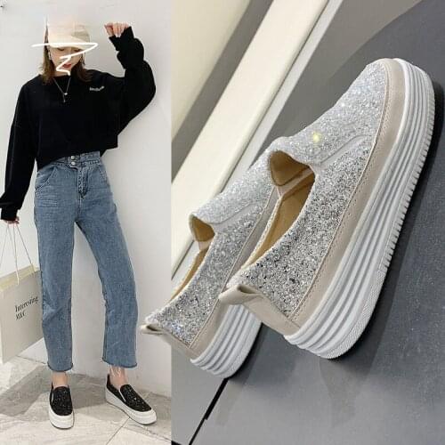2021 Women Flats Rhinestone Bling Chic Shining Star Sewing Thick Sole Slip on Platform Fashion Casual Sneakers Ladies Shoes
