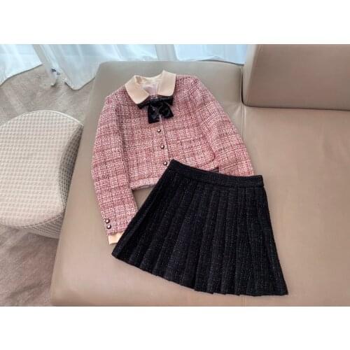 Ladies 2021 fashion new suit lapel bow check plaid short jacket + pleated skirt two-piece wool 0106