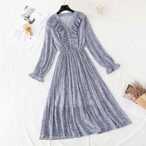 Women Dress 2020 Spring summer New Chiffon V Neck Retro Elegante A-line Full Sleeve Vintage Dress Floral Casual Vestidos Female