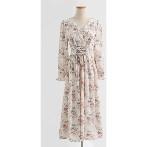 Spring Autumn Women Vintage Floral Dress Long sleeve V Neck Slim Bandage Vestido Elegant Chiffon Long Dresses Vestidos femme