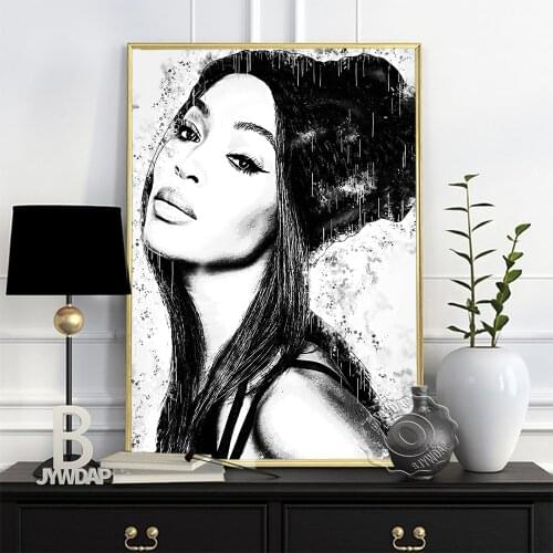 Watercolor Beauty Naomi Campbell Sketch Printing Poster, Black White Elegant Goddess Art Prints, Minimalism Nordic Wall Decor