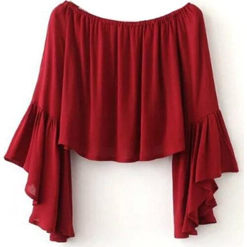 Bella Philosophy summer cold off-shoulder blouse slash neck flare long sleeve red white black shirt beach blouse