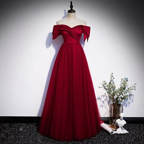 Burgundy Boat Neck Simple Evening Dress Lace Up Elegant Empire Short Sleeve Sequins Floor-Length Party Formal Dresses Woman B994