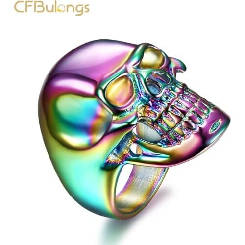 CFBulongs Retro Cool Gold Color Skull Ring Fashion Stainless Steel Punk Biker Mens Jewelry Party Gift