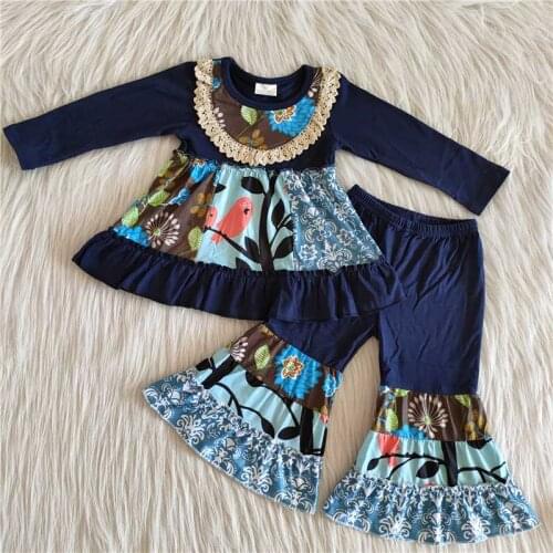 Baby Girl Kids Clothes Dark Blue Long Sleeve Top+Bird Print Pants 2 Pcs Set