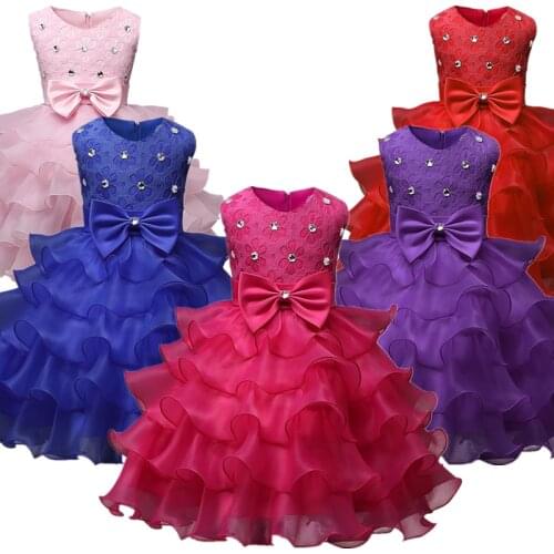 Kids Flower Princess Dress For Girls Lace Birthday Wedding Party Vestido Children Christmas Red Dress Elegant Ball Gown Clothing