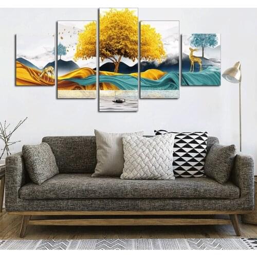 No Framed 5 Pieces Traditional Chinese Golden Tree Canvas Painting Prints Modern Wall Decorative Posters Home Decor Artwork