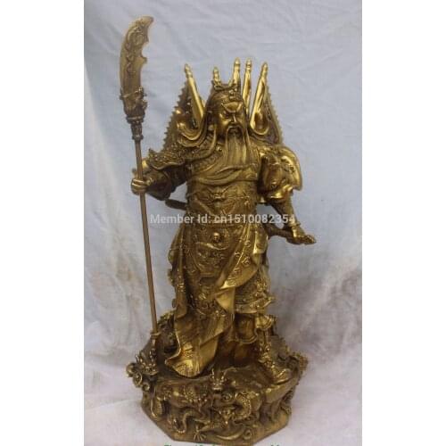 17" Chinese Bronze 9 Dragon Warrir GuanGong Guan Gong GuanYu Hold Sword Statue