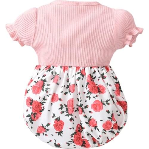 Infant Summer Rompers Rose Print Splicing O-Neck Short Puff Sleeves Jumpsuits With Crotch Button For Baby Girls Clothes 0-12M