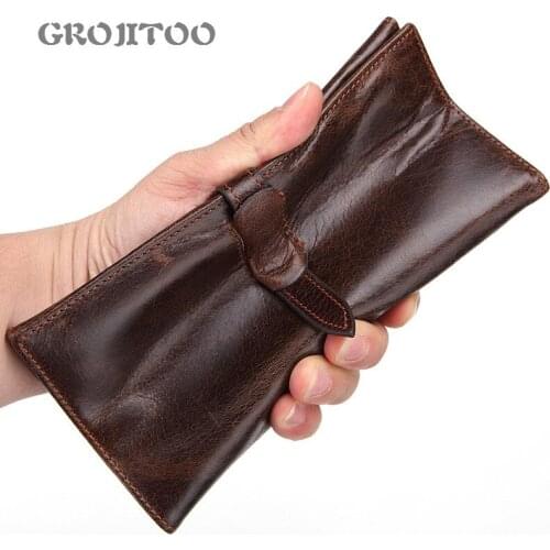 GROJITOO Hot Sale Top Layer Leather Ladys Purse Long Oil Wax Leather Wallet Multi-functional Wallet For Men Long Clutch Handy