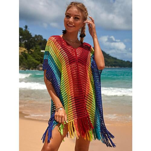 Colorful Hollow Out Crochet Beach Cover Up Women Bikini Cover Up Tassel Beach Dress Ladies Summer Swimwear Cover Up Outer Blouse