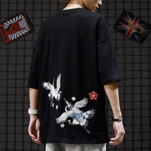 Summer Embroidered Crane Popular Logo Half Sleeve Loose Large Size Country Tide Street Vintage BF Lovers Short Sleeve T-shirt