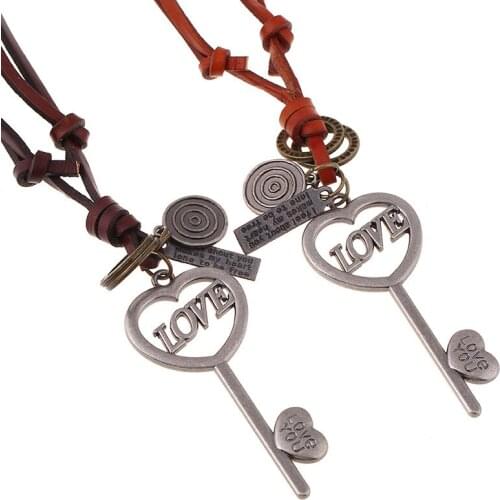 Fashion Vintage Retro Long Necklace Metal Love Heart Key Pendants Adjustable Genuine Leather Lovers Chain Men Women Jewelry Gift