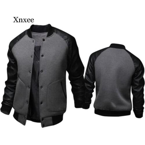 Cool College Baseball Winter Jacket Mens Fashion Design Black Pu Leather Sleeves Mens Slim Varsity Sweatshirt