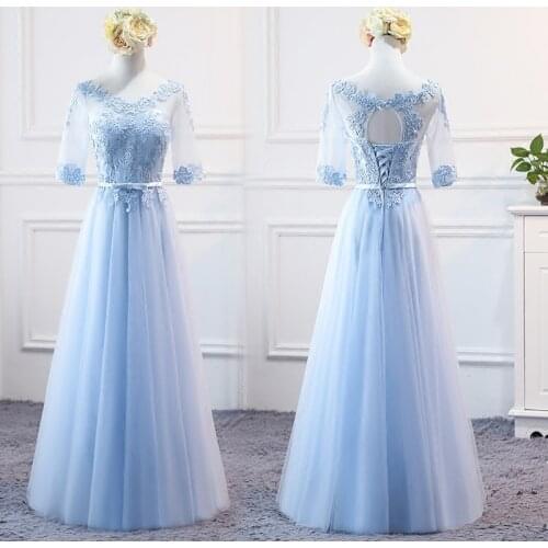 Robe De Soriee New Sweet Blue Lace Bridesmaid Dresses Floor-Length Half Sleeve Appliques Formal Bride Party Graduation Prom Gown