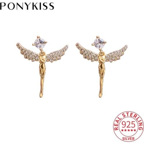 PONYKISS Vintage 925 Sterling Silver Guardian Angel Wings Zircon14K Gold Stud Earrings For Women Fine Jewlry Gift Drop Shipping