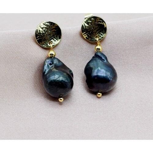 Black pearl earrings, baroque natural pearls, ladies gold earrings, vintage round earrings, fashion pearl jewelry