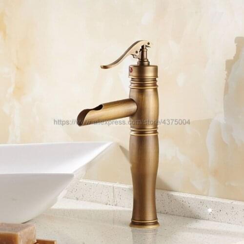 Deck Mounted Single Handle Hole Bathroom Sink Mixer Faucet Antique Brass Hot and Cold Water Mixer Tap Nan006