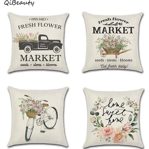 Spring Cushion Cover Flowers Bike Truck Farm Theme Digital Printed Linen Home Decoration Decorative Pillowcase