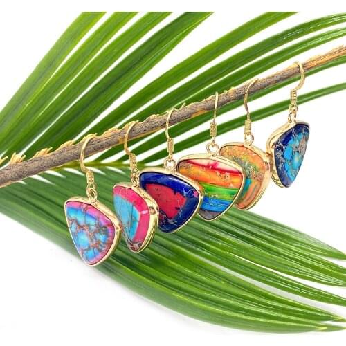 Natural Stone Turquoise Earrings for Women Triangle Color Bounding Fashion Charm Perforated Jewelry Gift Wholesale 21mm