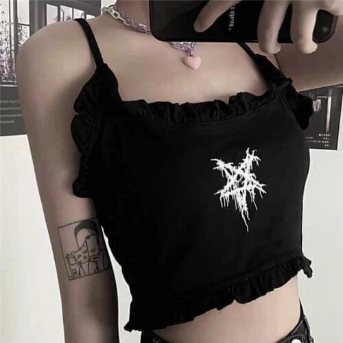 Zoki Black Gothic Women Crop Tops Summer Sexy Backless Fashion Print Streetwear Female Camis Y2k Pure Cotton Halter Top 2021