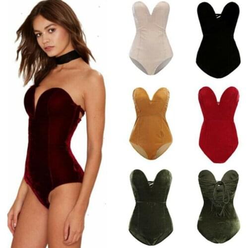 Women Strapless Bodysuit Ladies Stretch Leotard Velvet Playsuit Bodycon Backless