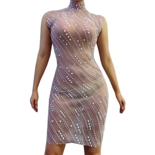 Sexy Mesh Transparent Pearls Rhinestone Dress Women Sleeveless See Through Party Nightclub Dress Dancer Bodycon Dress Show Wear