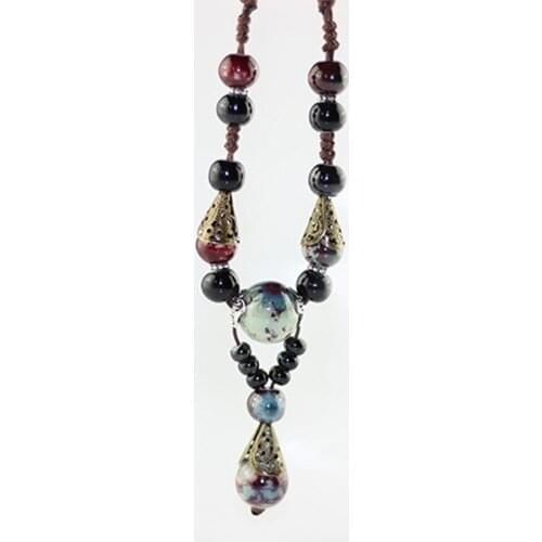 12 Pieces/Lot Ethnic Bohemia Necklace Flower Pendants Charm Statement Chokers For Women Men Ceramic Water Drop Beads Cahins Gift