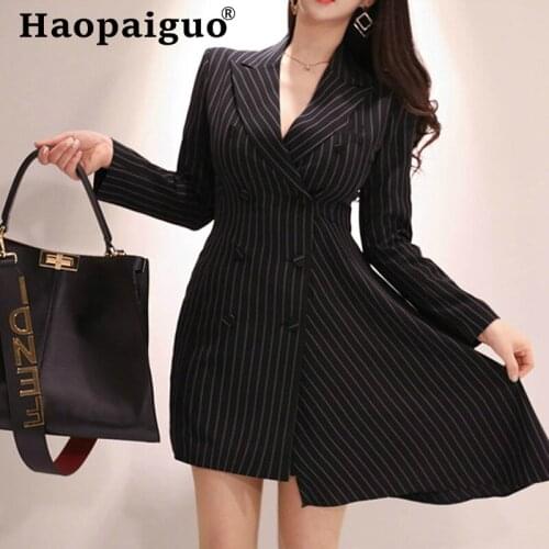 2019 Autumn Black Blazer Dress Women Long Sleeve Print Striped Asymmetrical Office Dress Women Double Button Mini Casual Dresses