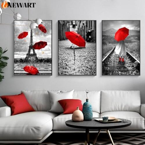 Abstract Red Umbrella Home Poster Print Black White City Women Modern Wall Art Canvas Painting Paris Tower Decoration Picture