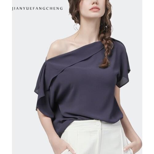 Sexy Off Shoulder Chiffon Top Women Slash Neck Short Sleeve Loose Summer Blouses Purple Fashion Elegant Clavicle Exposed Shirts