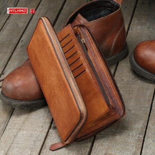 Genuine Leather Mens Purse Long Zipper Retro Wallet Handmade Clutch Bags Male Multi-card Wallets Large Capacity Retro Youth Men