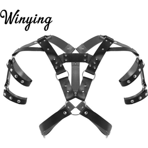 Men PU Leather Metal Rivets Body Sexy Chest Harness Belt Male Punk Gothic Rave Club Gay Lingerie Erotic Tops Restraints Bondage