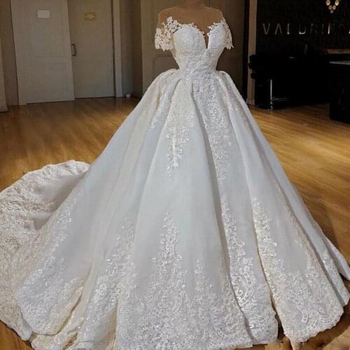 Elegant Sheer Neck Short Sleeve Ball Gown Wedding Dresses Bridal Gowns Lace Appliques Pleat Skirt Plus Size Wedding Dress