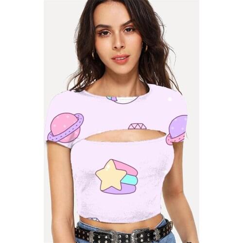Somepet Unicorn T shirt Women Moon Hollow Out T shirts Colorful Tshirts Casual Universe Shirt Print Cloud Navel Bare
