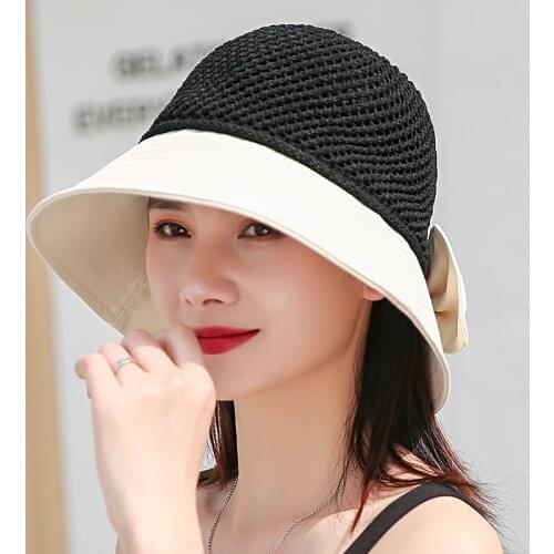 Summer foldable sun hat basin hat bowknot hollow stitching fisherman hat outdoor beach hat sun hat