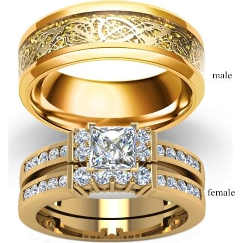 Fashion Jewelry Couple Rings Vintage Dragon Stainless Steel Men Ring Romantic Zircon Ring Set Bridal Engagement Gift