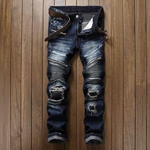 Mens Pleated Biker Jeans Pants Slim Fit Brand Designer Motocycle Denim Trousers For Male Straight Washed Multi Zipper