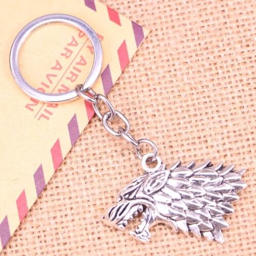 20pcs New Fashion Keychain 32*44 mm ice and fire dire wolf Pendants DIY Men Jewelry Car Key Chain Ring Holder Souvenir For Gift