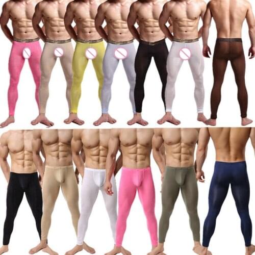 Sexy Mens Sleep Bottoms Ultra-thin Ice Silk Transparent Penis Pouch Seamless Underwear Summer Sheer Lounge Pants Gay Sleepwear