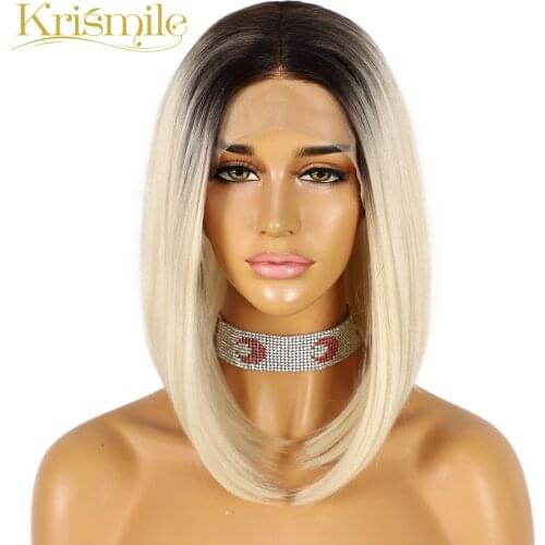 Krismile Synthetic Short Bob Ombre Blonde Yaki T Part Lace Wigs for Women Daily Cosplay High Temperature Summer Hair Party